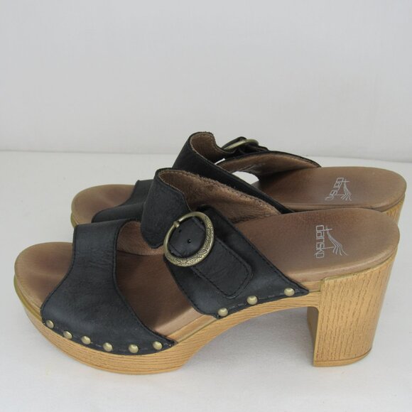 Dansko Black Leather Two Strap Studded Slide Heel Sandal 3" Women's 37 7 - Picture 3 of 9